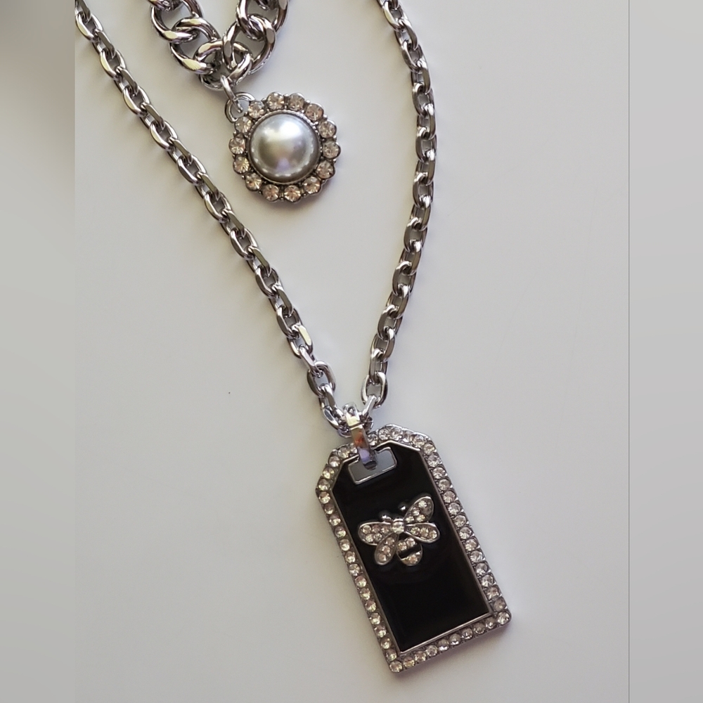 Vintage Faux Pearl & Rhinestone Tag Necklace ~ VERA by New York